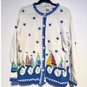 Vintage Quaker‎ Factory Cardigan Sweater Nautical Grandmacore Kitschy